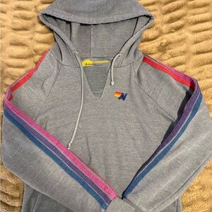 Aviator Nation Gray Long Sleeve Hoodie with Rainbow Stripes